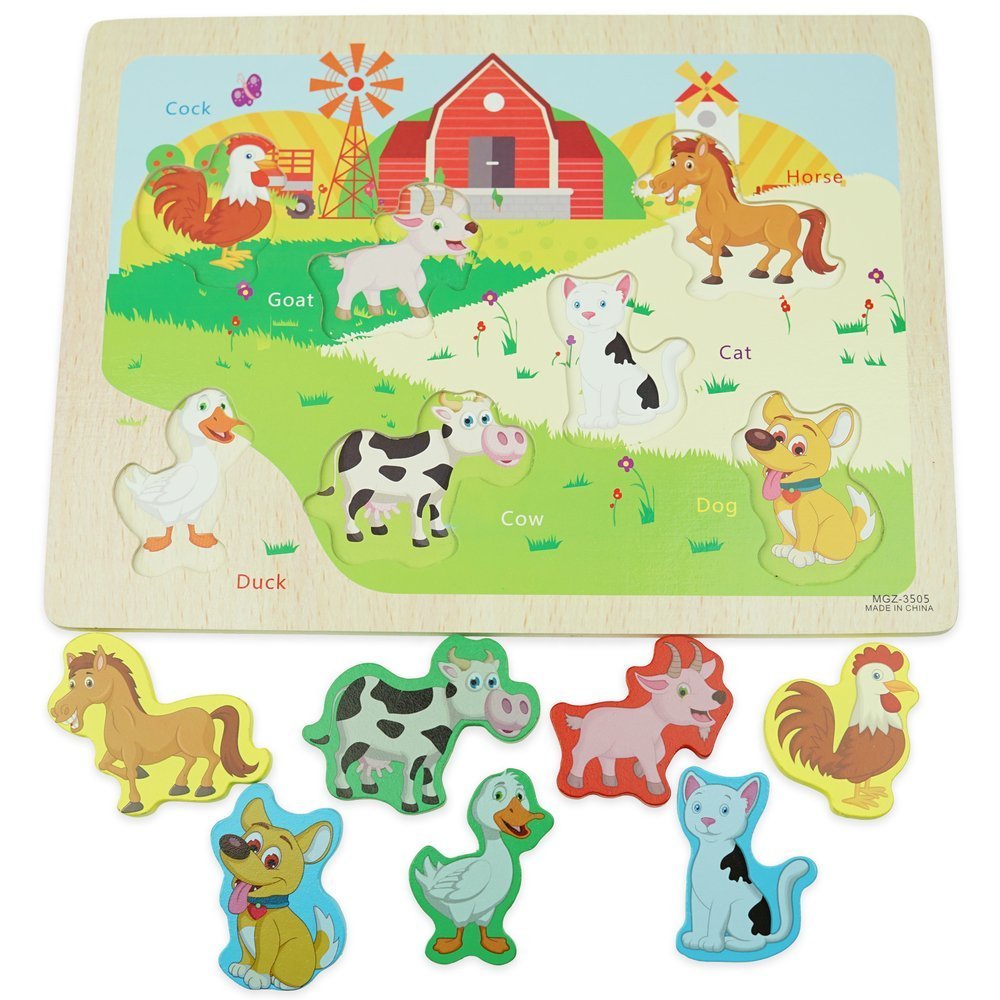 Drewniana kolorowa układanka puzzle zwierzęta na wsi